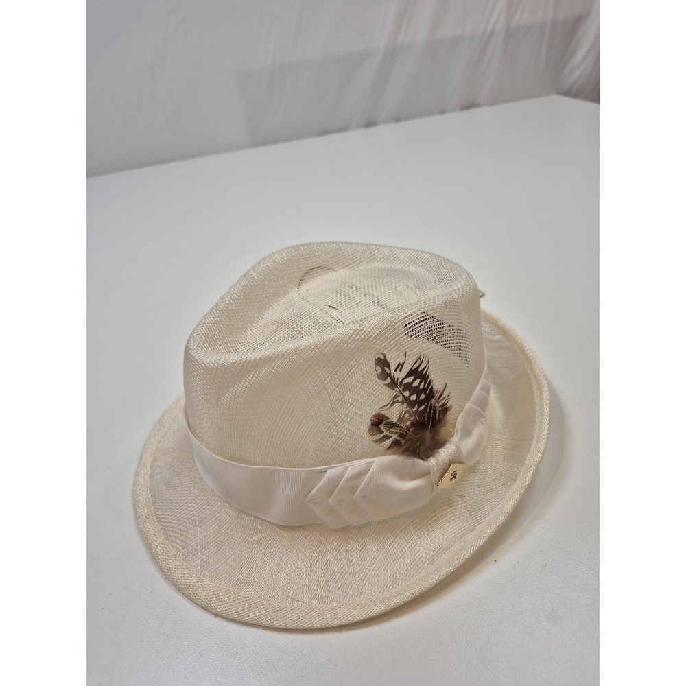 Stacy Adams Hat Fedora Fitted Mens M White Straw Feather Trim Lightweight Summer